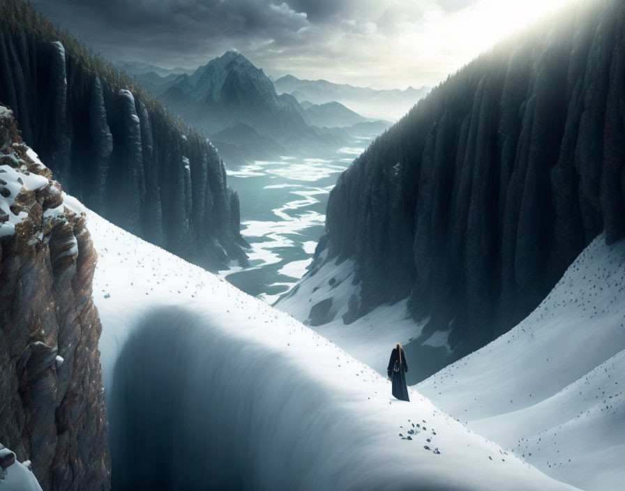 Solitary figure at frozen river with snow-covered cliffs and distant mountain