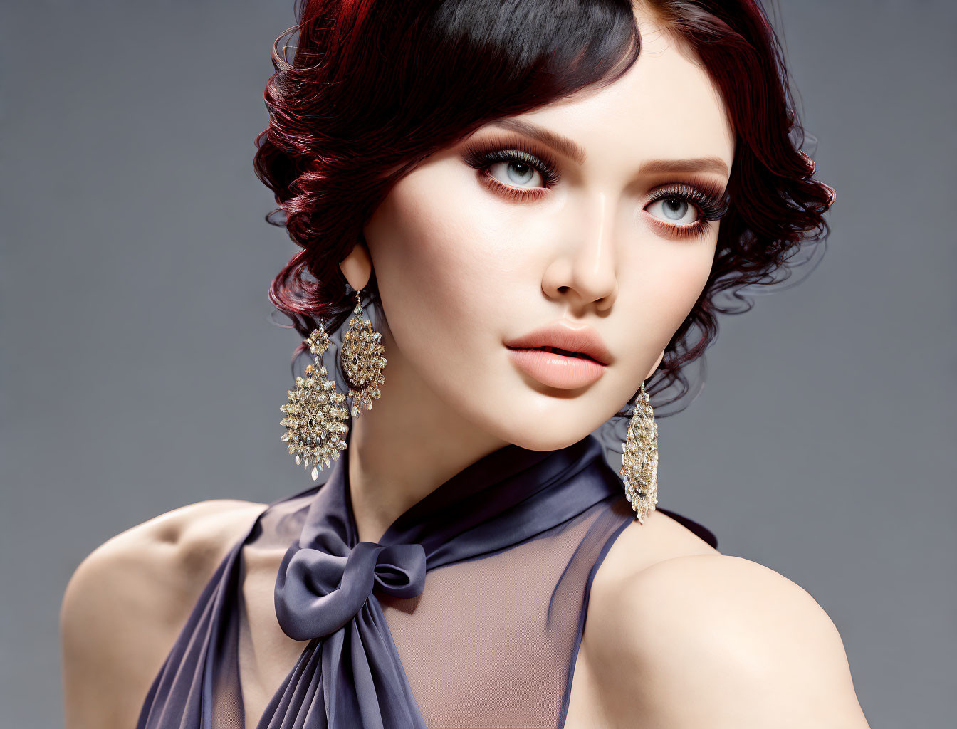 Red Curled Hair Woman with Striking Makeup and Ornate Earrings in Purple Dress