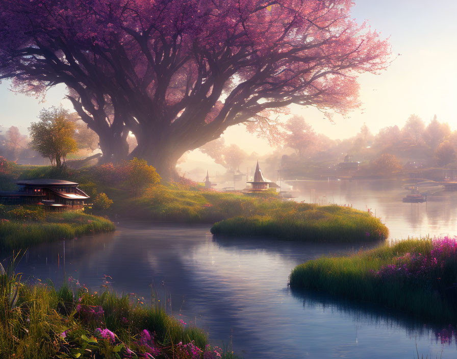 Majestic purple tree in serene landscape with traditional buildings and boats at sunrise or sunset