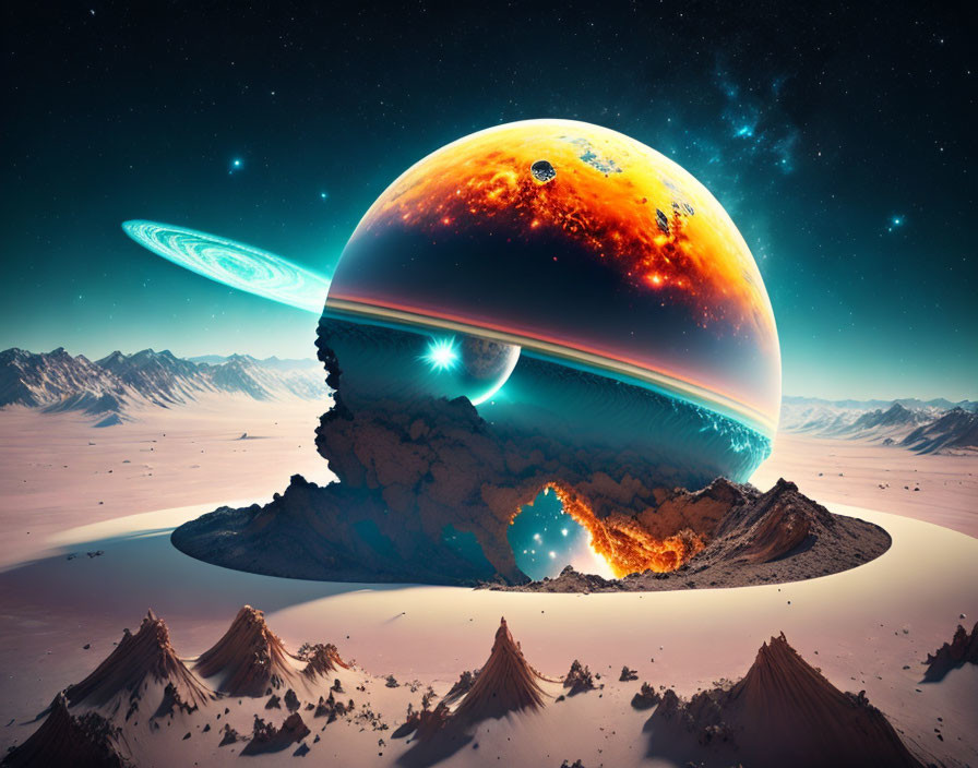 Surreal landscape with mountains, desert, and planet with rings