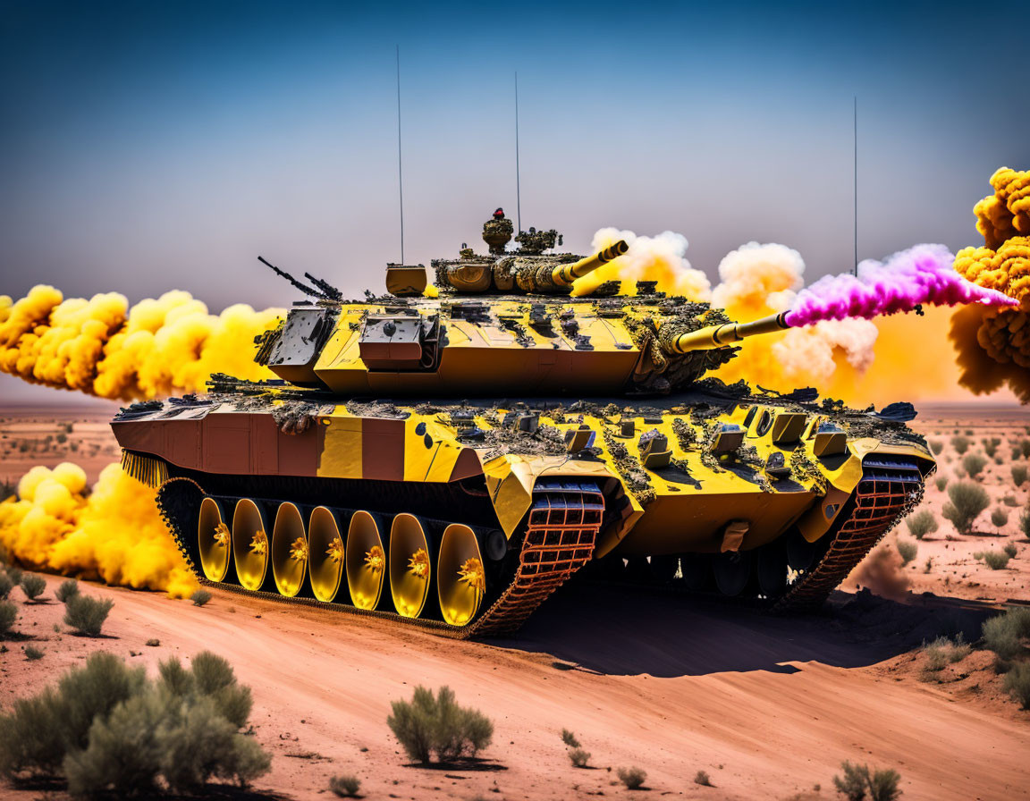 Armored tank firing in desert landscape with explosions.