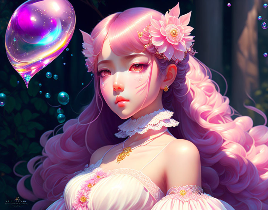 Digital artwork: Girl with pink hair, flowers, and iridescent bubble in mystical forest.