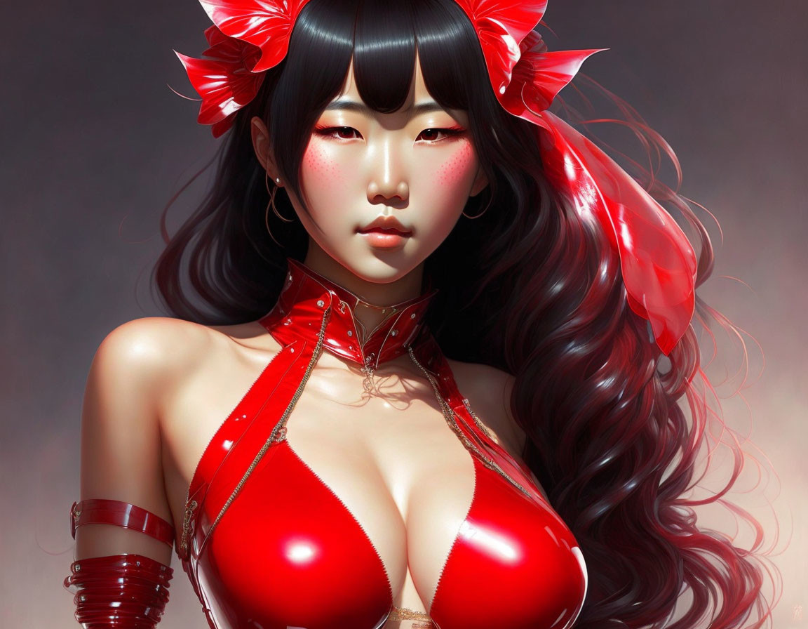 Digital artwork: Woman with red bows, glossy red outfit, choker necklace, wavy hair