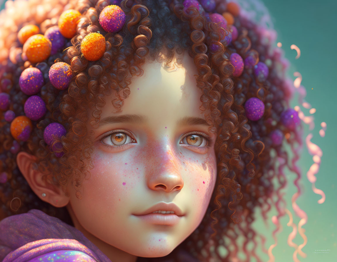 Colorful orbs adorn curly-haired girl in digital portrait.