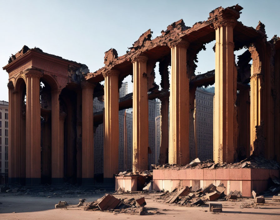 Classical columns among urban decay and modern buildings