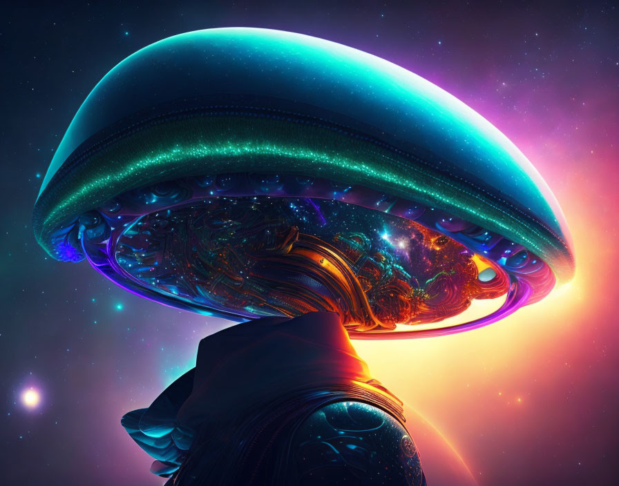 Futuristic alien spacecraft in neon-lit cosmic scene