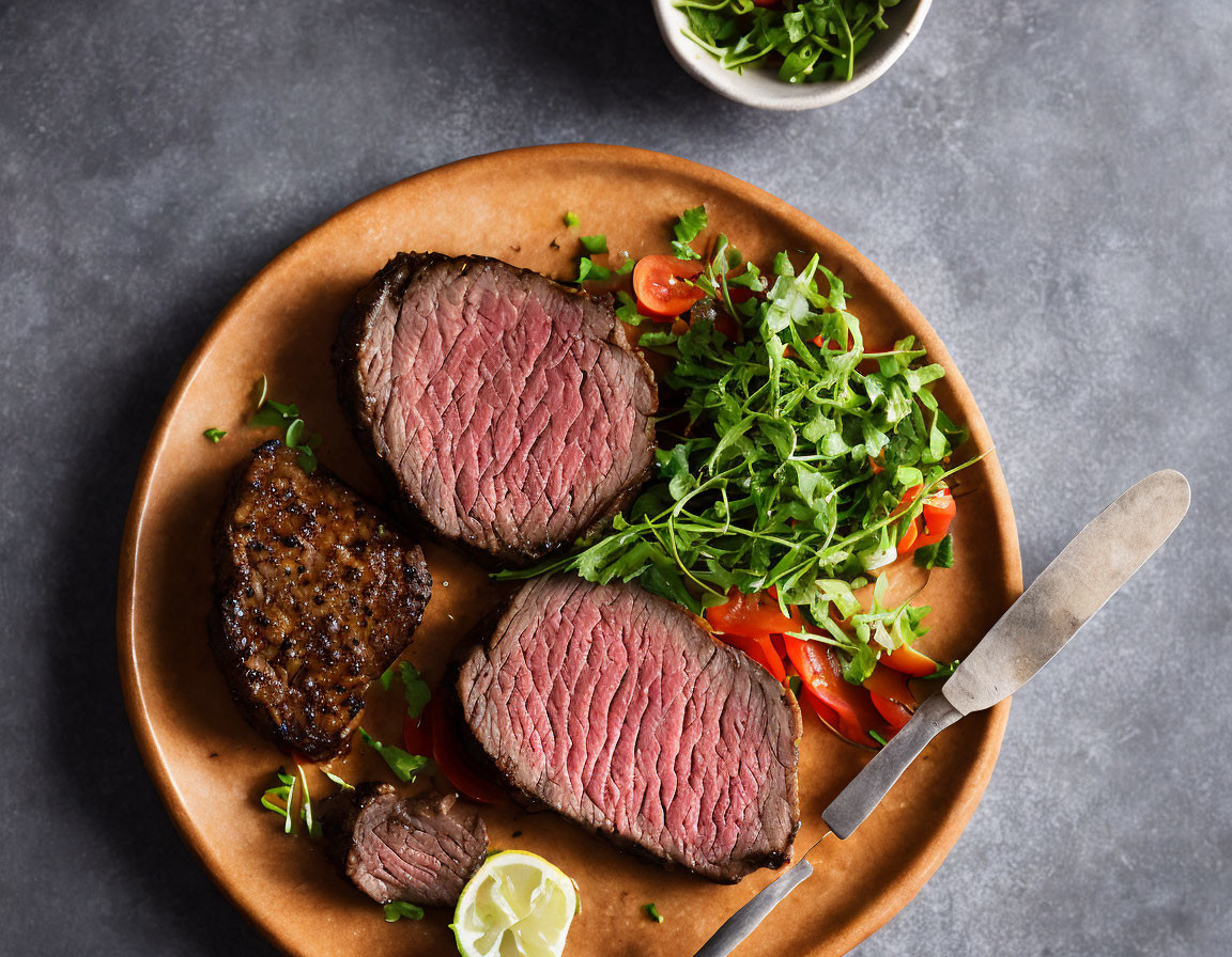 Plate with Sliced Steak, Arugula Salad, Tomatoes, Knife, Lemon on Grey Background