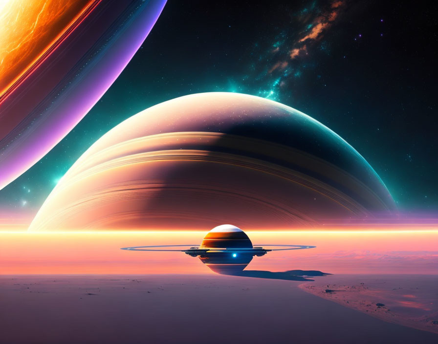 Vibrant sci-fi landscape with ringed and smaller planets in starry sky