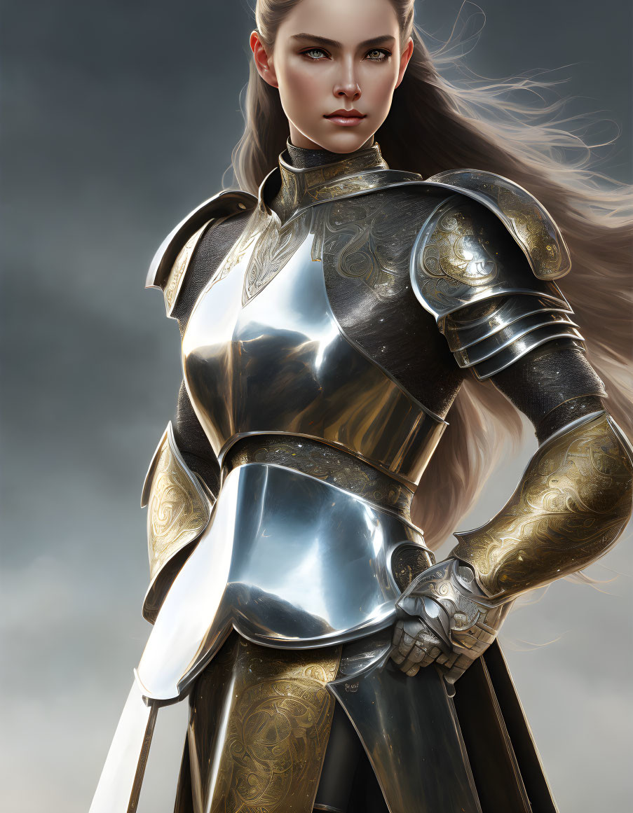 Medieval armor-clad woman with sword in digital art.