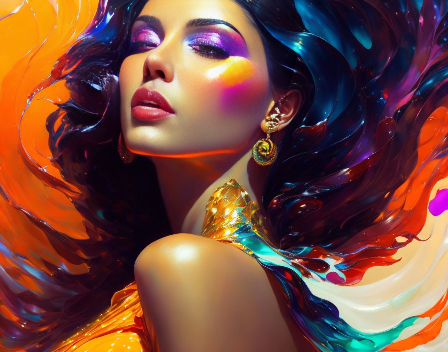 Colorful liquid swirls merge with woman's vibrant makeup and flowing hair