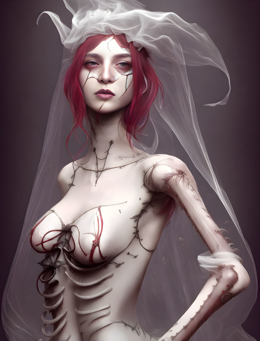 Red-haired skeletal character with draped fabric on grey background