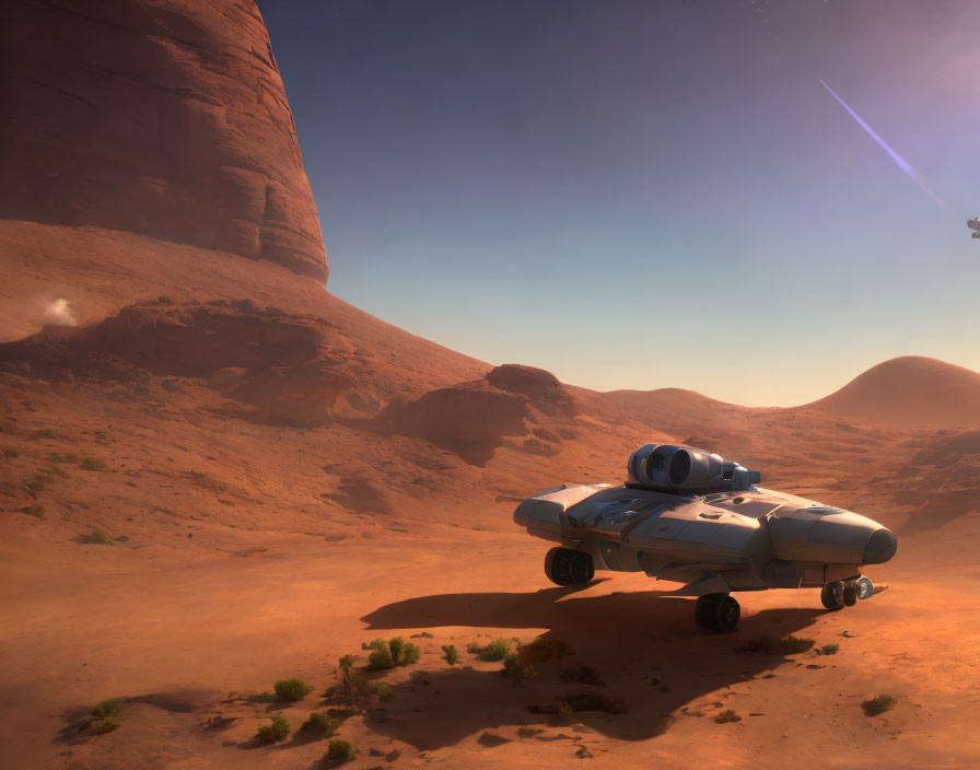 Futuristic vehicle with large wheels in Mars-like desert landscape