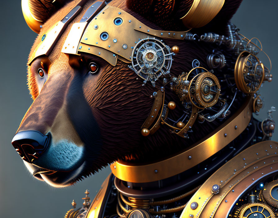 Steampunk-style mechanized bear with intricate gears and cogs