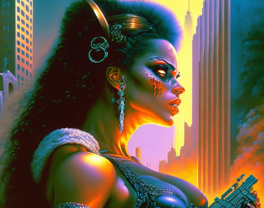 Illustrated portrait of woman in fantasy makeup against futuristic cityscape