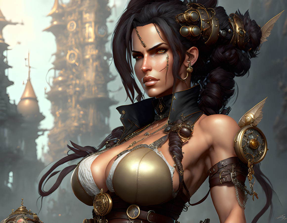 Warrior woman in intricate armor and braided hair against fantasy setting