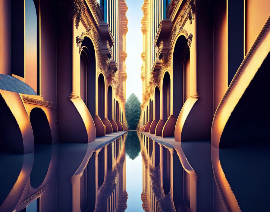 Symmetrical architectural landscape with columns and arches reflecting on water