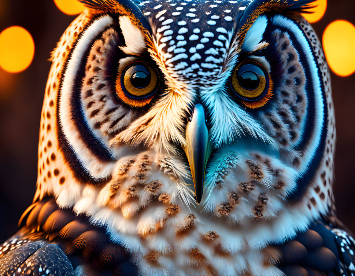 Detailed owl face with intense orange eyes and intricate feather patterns in warm bokeh lights