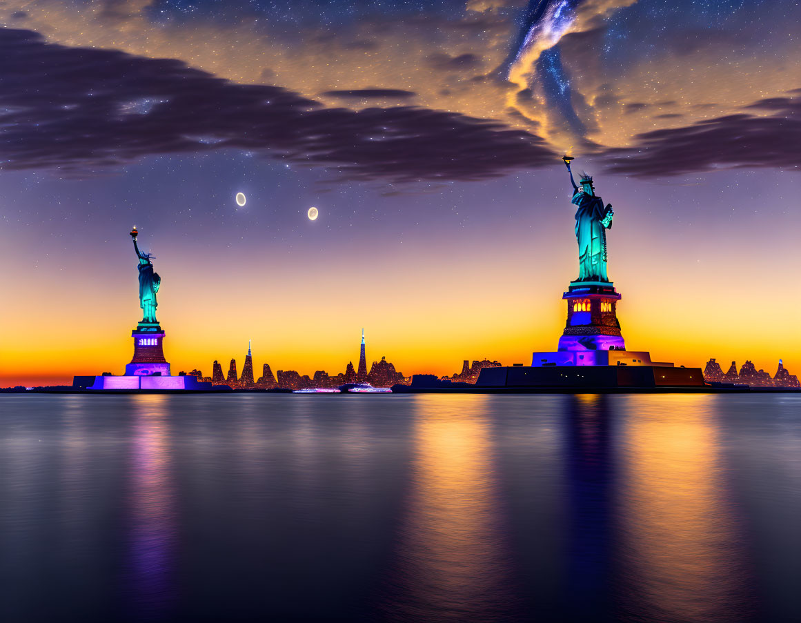 Twilight scene: Statue of Liberty, vibrant sky, water reflection, distant city skyline