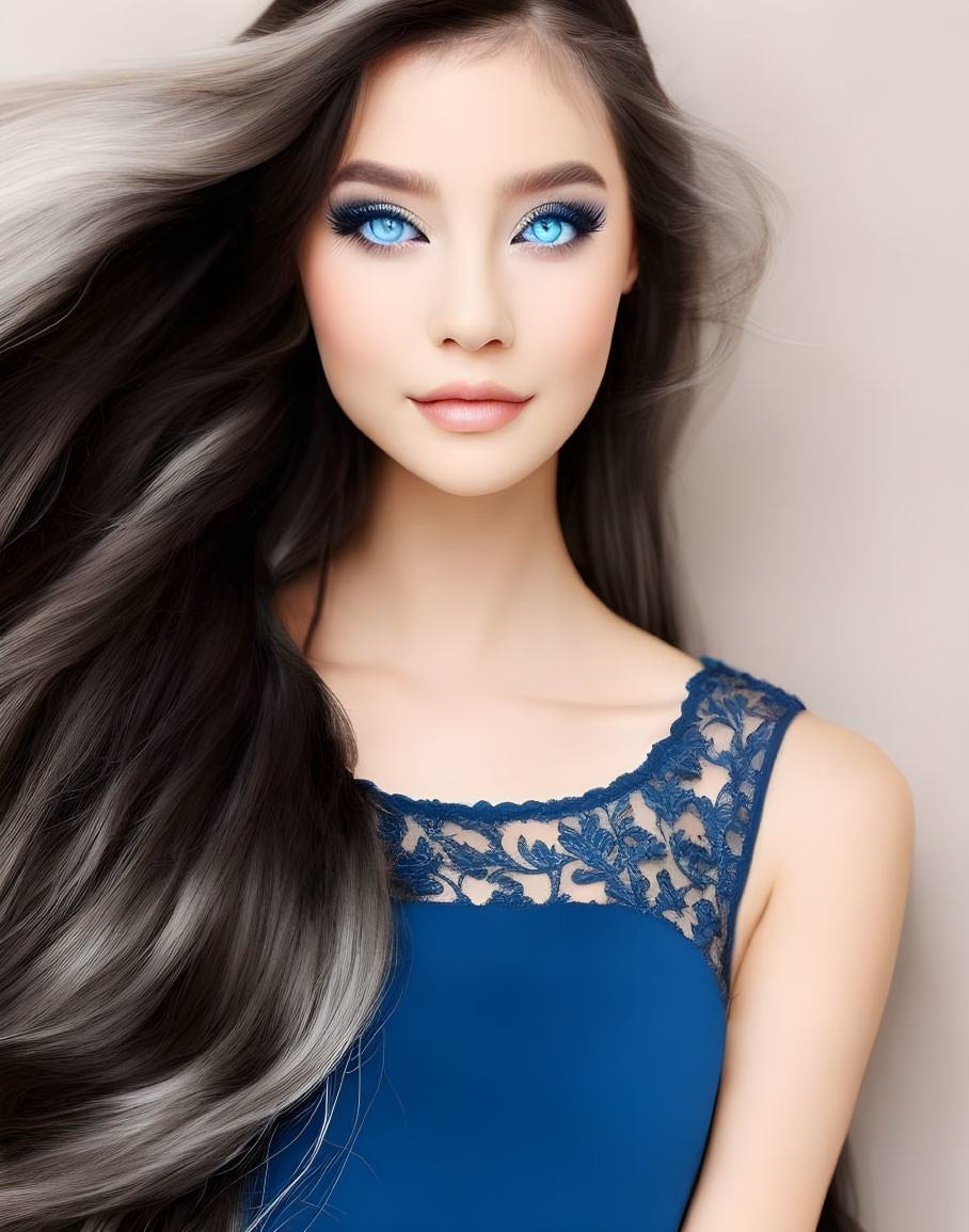 Woman with Long Wavy Hair in Blue Lace Attire