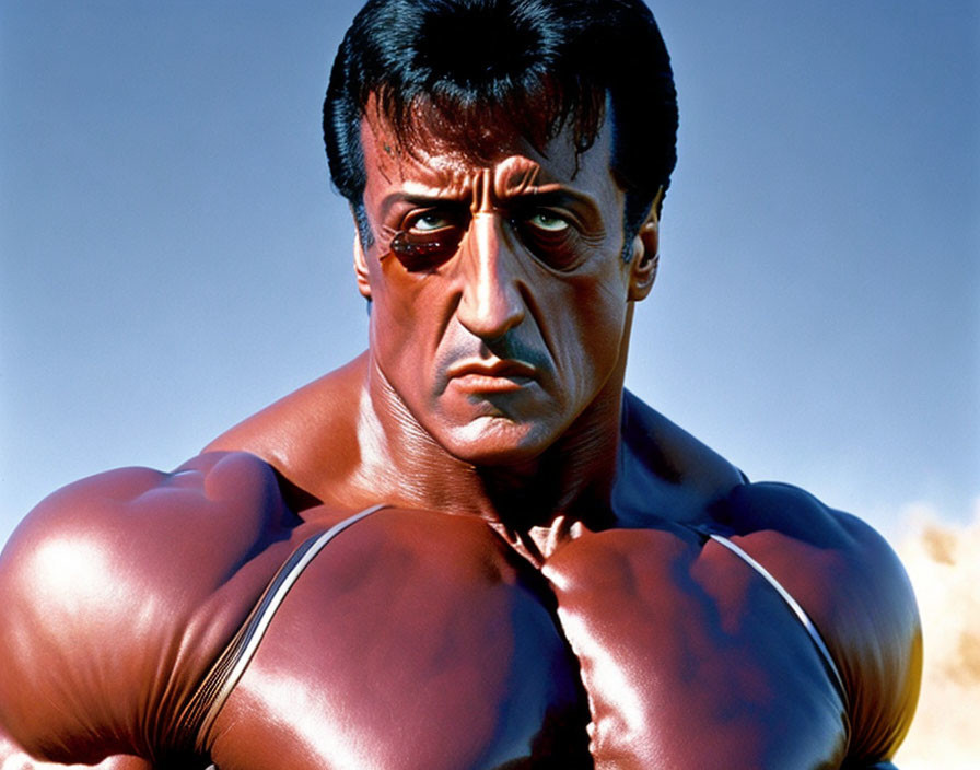 Muscular person with serious expression and cut under eye, veins on biceps, against blue sky.