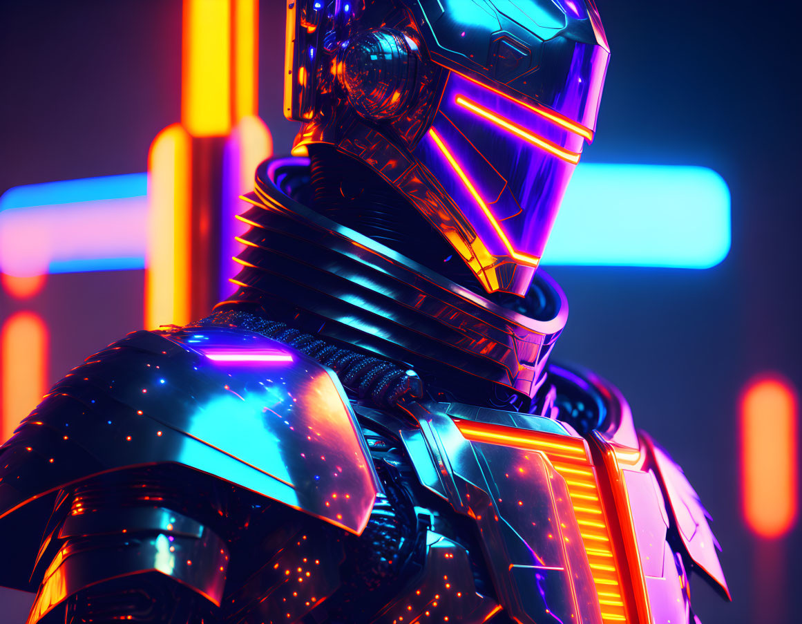 Glowing neon futuristic robot on vibrant cyberpunk background