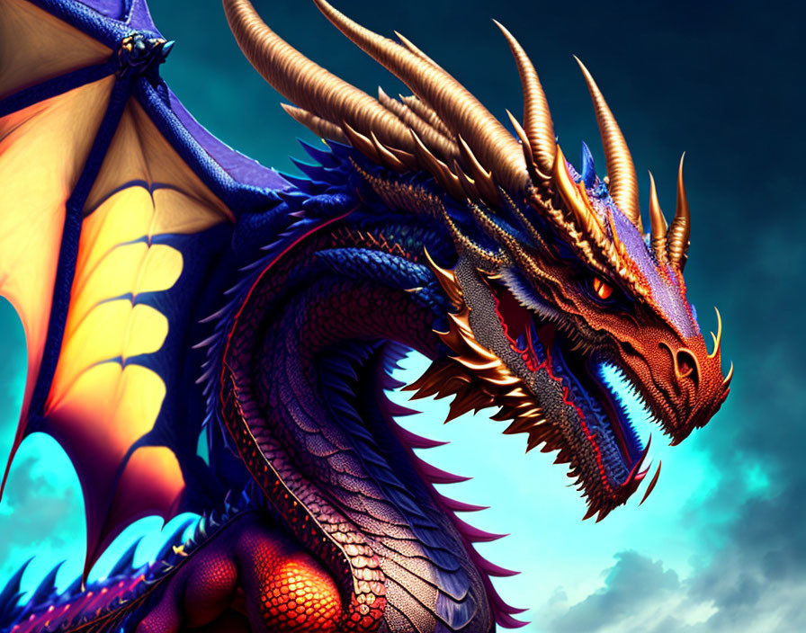 Detailed Blue Dragon with Multiple Horns in Vibrant Digital Art