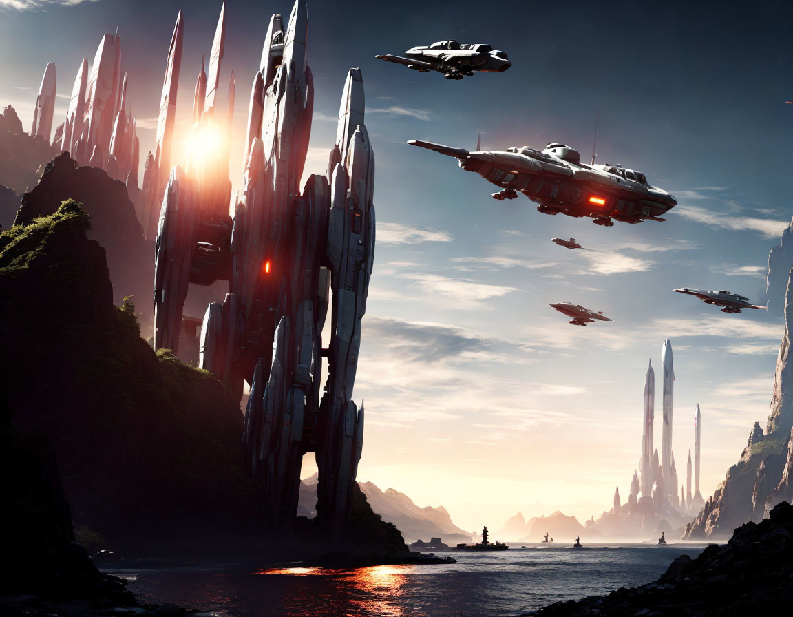 Alien Shoreline: Futuristic Spaceships & Towering Structures at Sunset