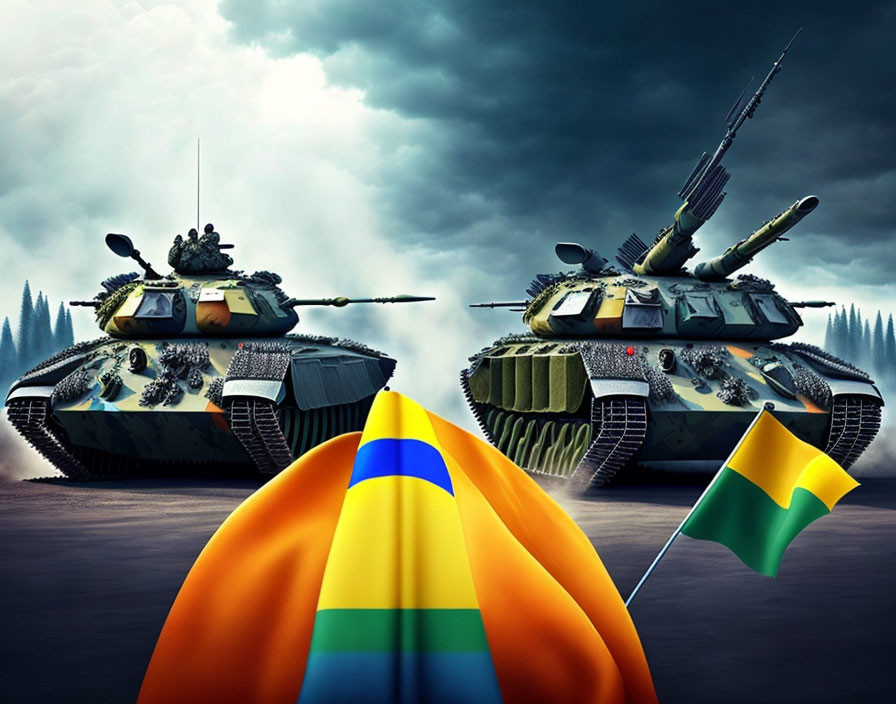 Military tanks on reflective surface under stormy clouds with rainbow and yellow-blue flags.