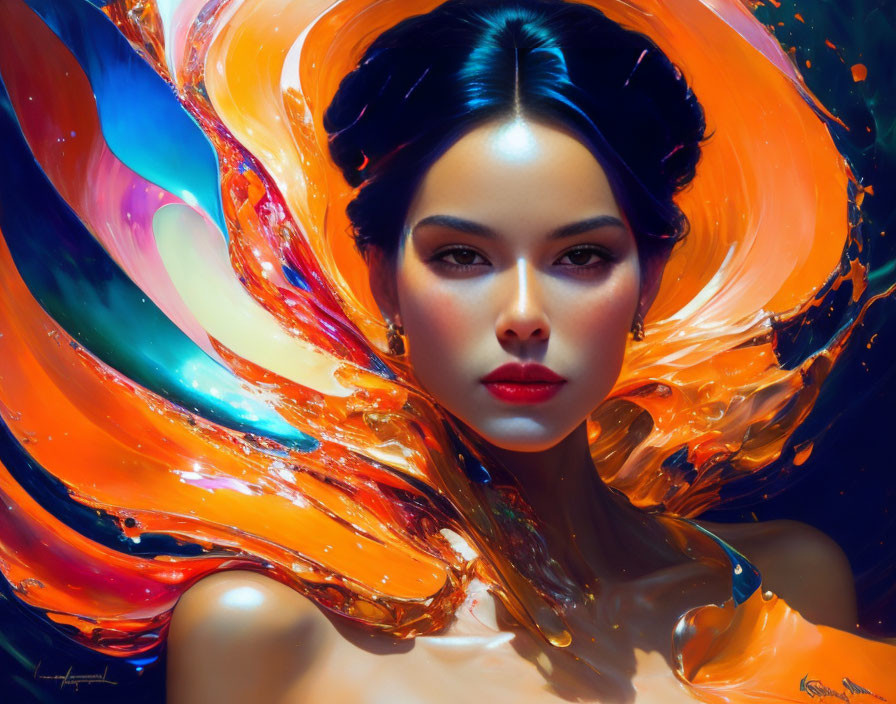 Vivid swirling colors frame woman with striking features