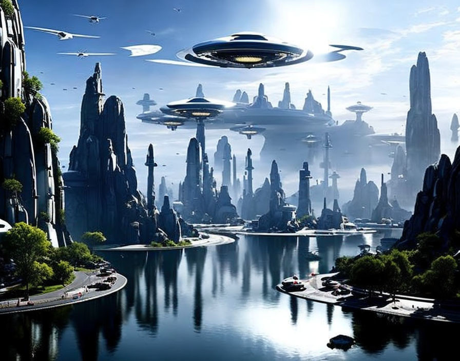 Futuristic cityscape with towering spires and flying vehicles