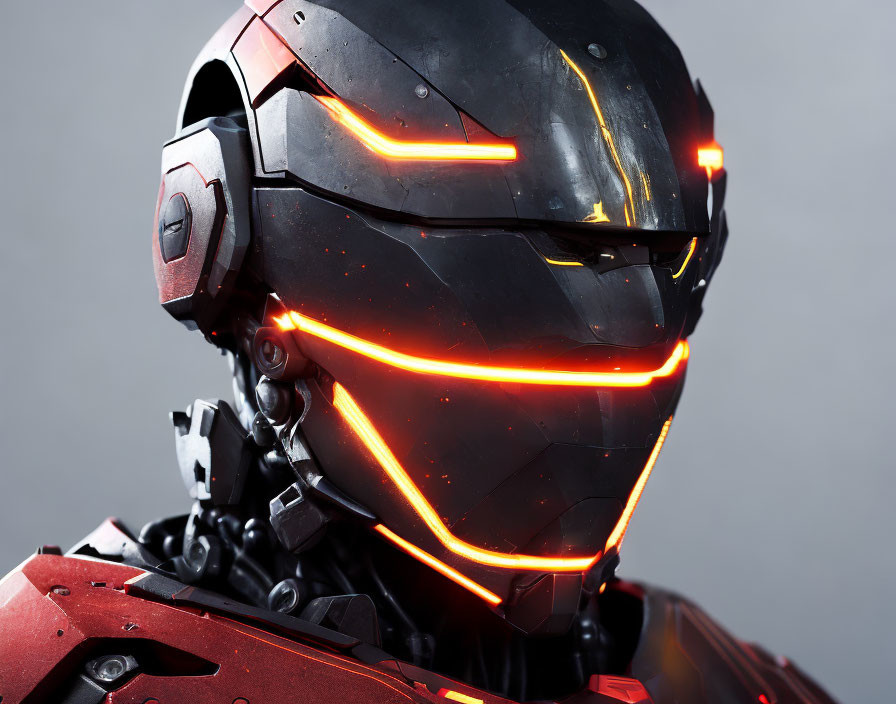 Detailed close-up of glowing orange-lined high-tech helmet on dark background