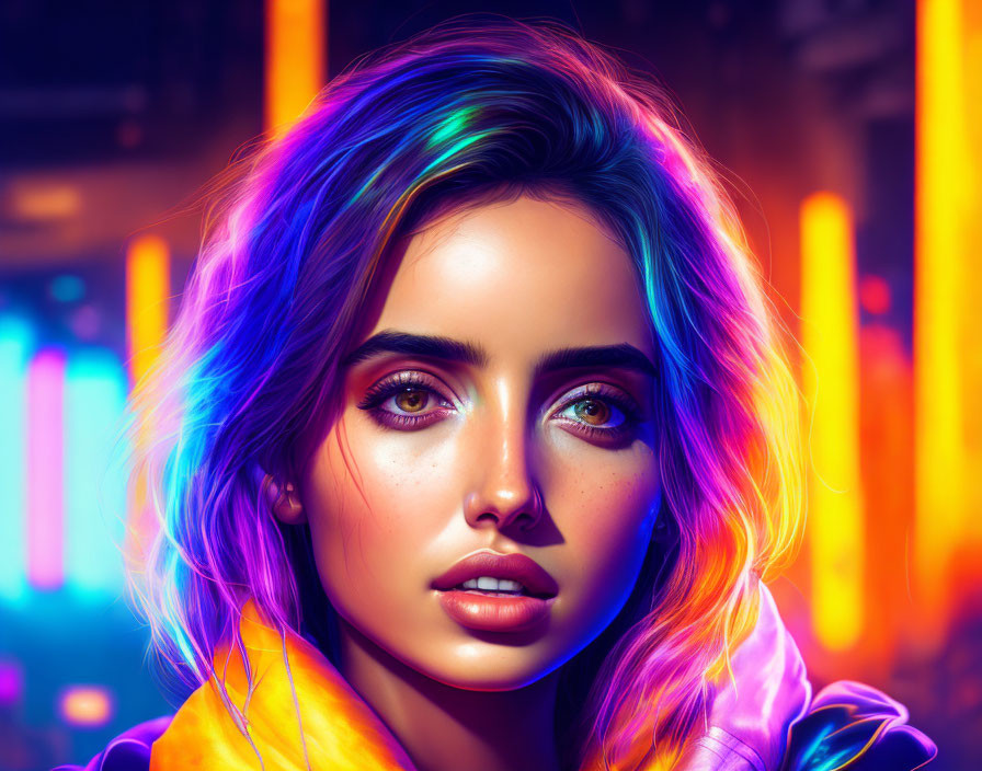 Colorful digital artwork: Woman with multicolored lighting and neon background