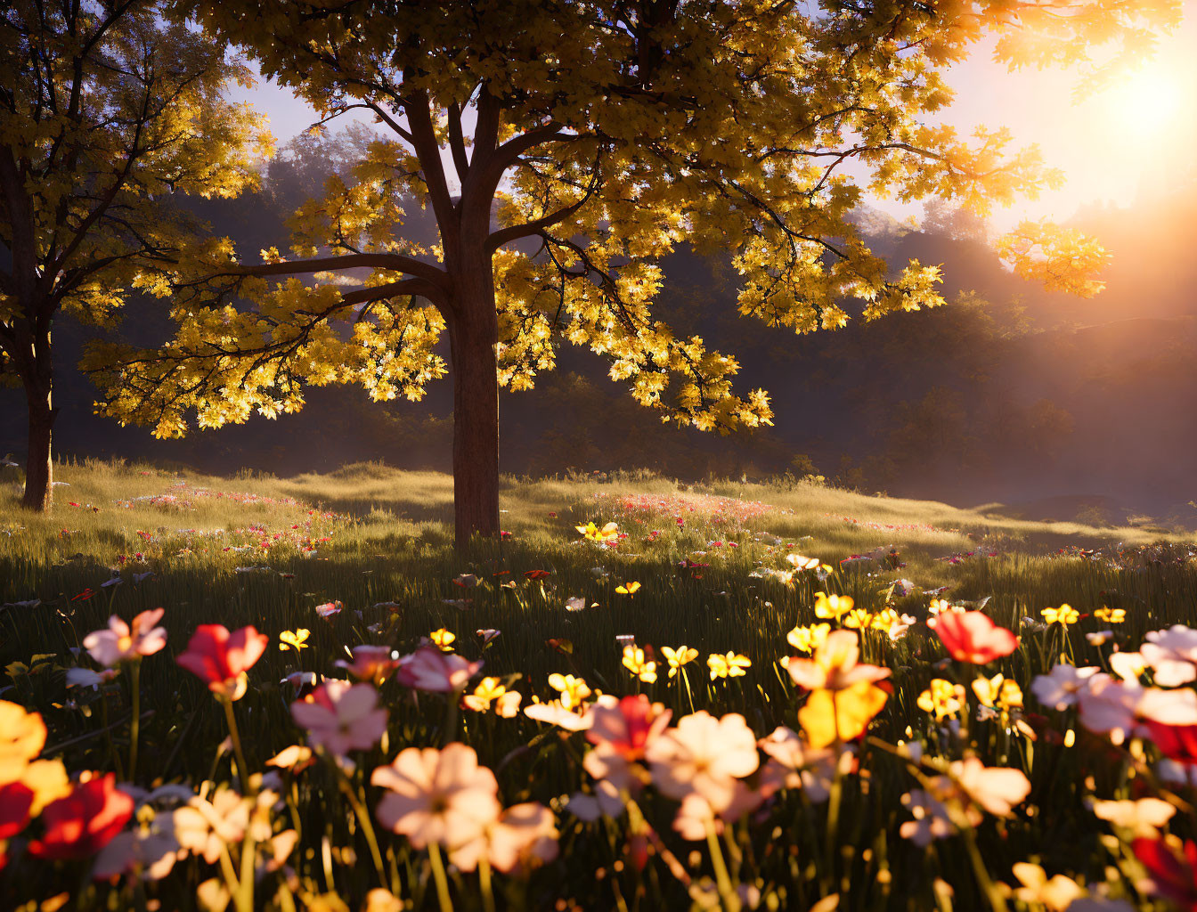 Autumn sunrise illuminates golden leaves and colorful wildflowers.