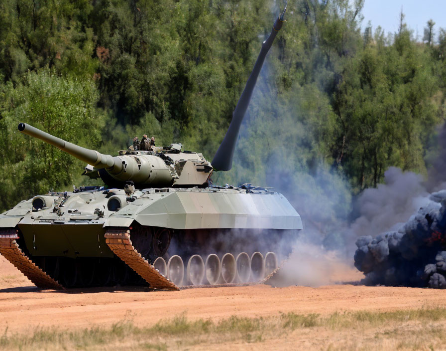 Tank firing cannon in smoky battlefield with trees and blue sky