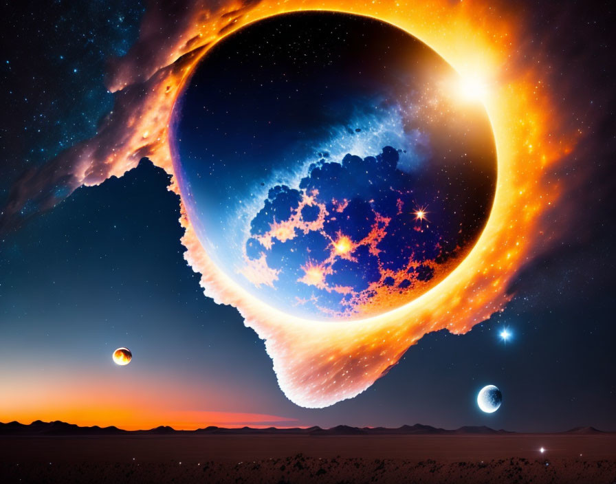 Surreal cosmic scene: fiery ringed planet, desert landscape, celestial bodies, star-filled sky