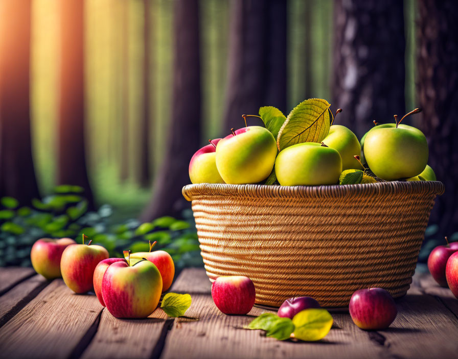 Fresh Red and Green Apples in Wicker Basket on Wooden Surface