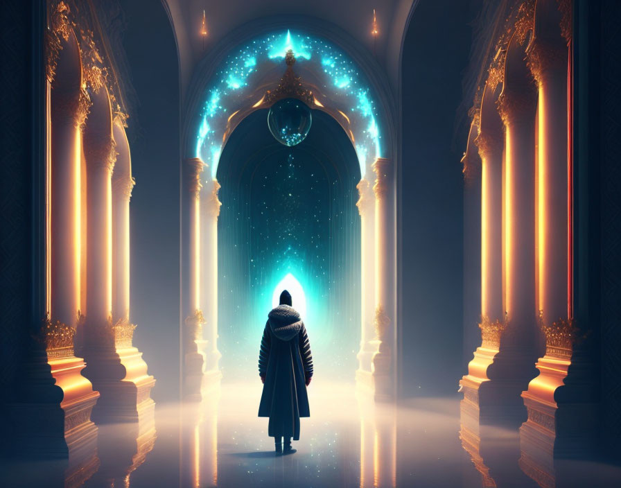 Cloaked figure in front of glowing archway in majestic hall