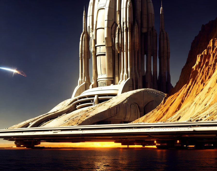 Futuristic structure with towering spires by cliff near sunset-lit water