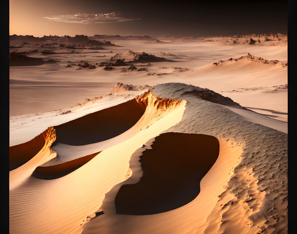 Sunset desert landscape with shadowed sand dunes in warm colors