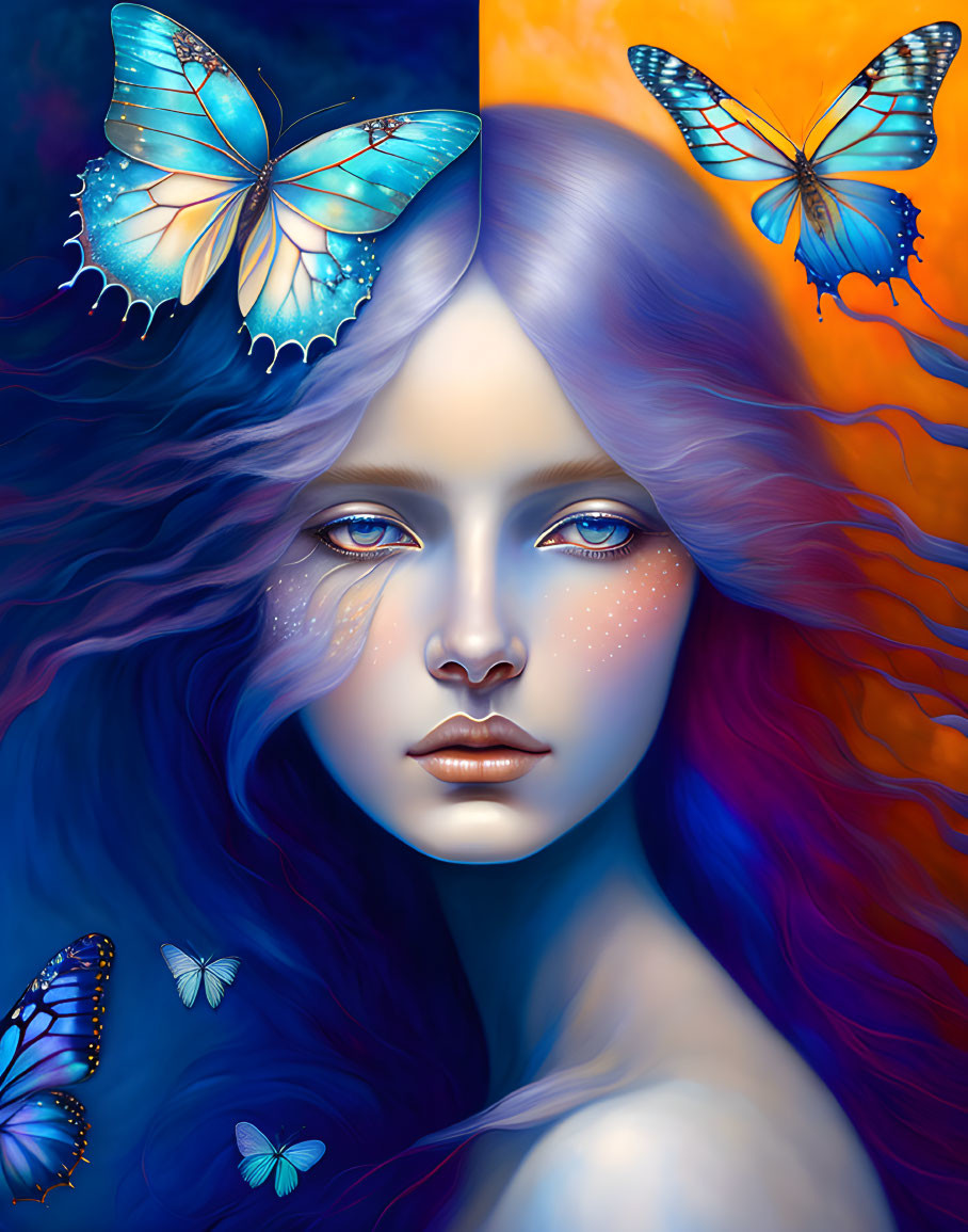 Colorful woman with blue hair and radiant eyes amidst butterflies on vibrant background