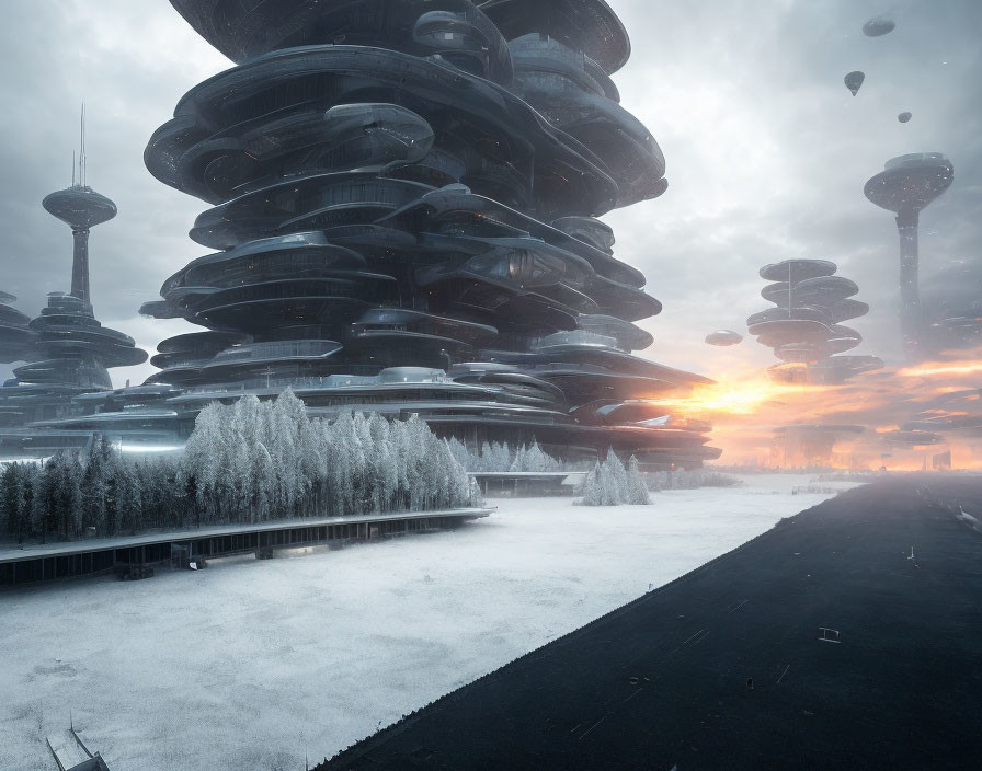 Futuristic snowy landscape with layered towers and floating structures at dawn