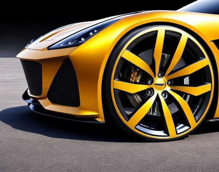 Vibrant Yellow Sports Car Front Side with Black and Yellow Wheel