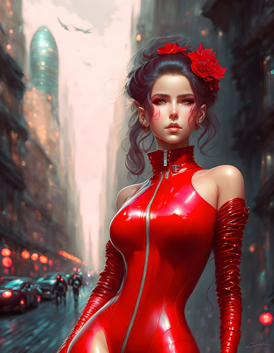 Woman with red flowers in hair in futuristic cityscape with neon lights