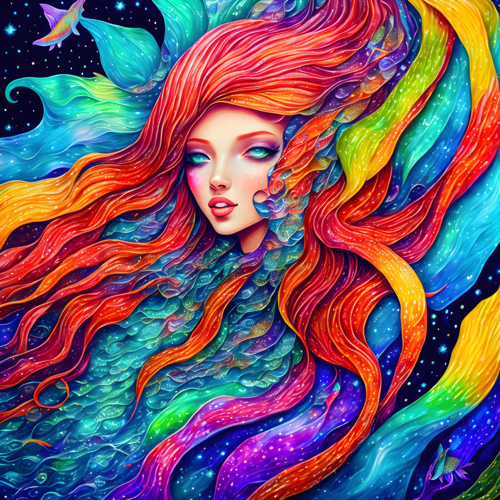 Colorful woman with cosmic hair and whimsical birds illustration