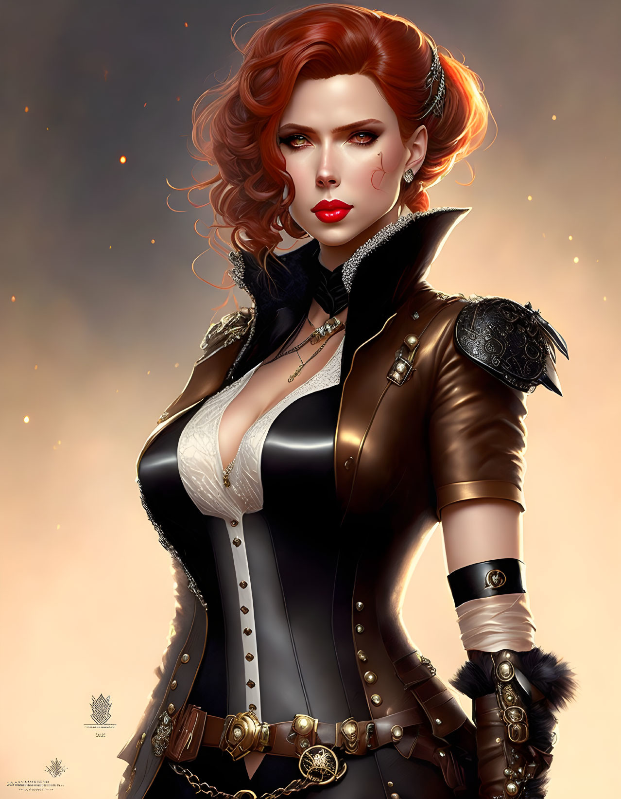 Fantasy-inspired illustration of a woman in red hair and military outfit