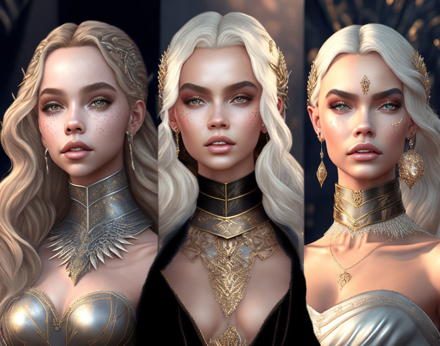 Stylized female portraits with intricate gold jewelry and varied hairstyles and expressions