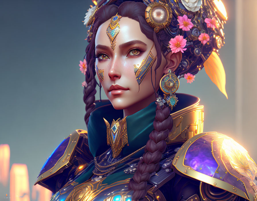 Digital Art: Female Character with Gold Face Decorations, Pink Flowers, Blue & Gold Armor