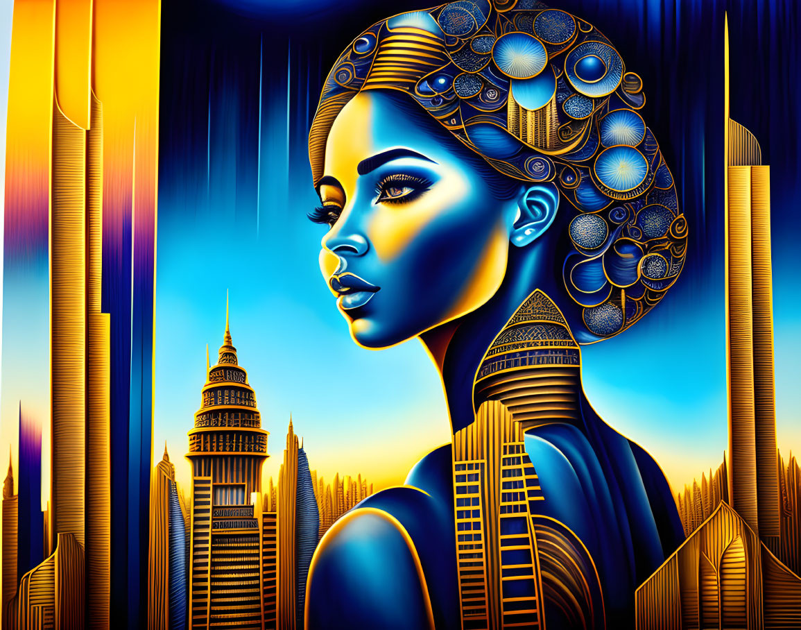 Stylized portrait of woman with elaborate headdress against futuristic golden skyscrapers