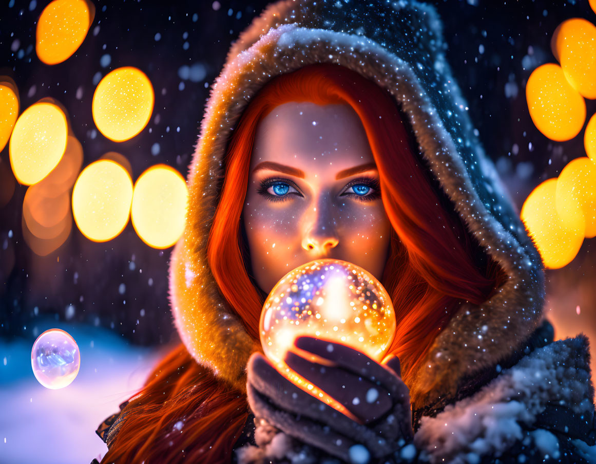 Red-haired woman holding glowing orb in snowy night scene