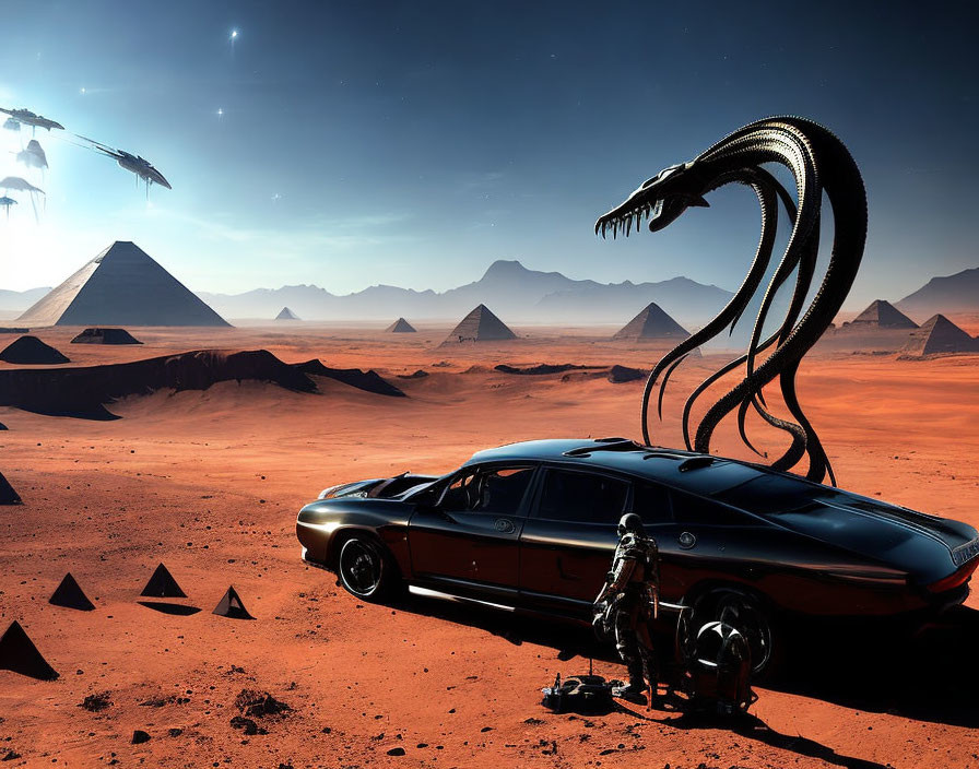 Futuristic landscape with pyramids, classic car, astronaut, and alien creature